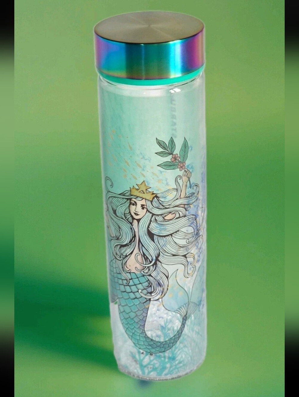 NWOT "Vtg"Starbucks agua glass water btl swimming siren. Irid ss and plastic lid